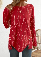 Geometric Print Button Red Long Sleeve T Shirt