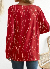 Geometric Print Button Red Long Sleeve T Shirt