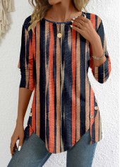 Multi Stripe Print Button Long Sleeve T Shirt