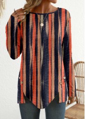Multi Stripe Print Button Long Sleeve T Shirt