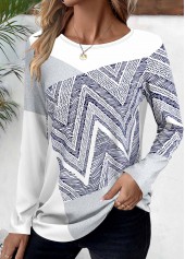 Geometric Print Patchwork White Long Sleeve T Shirt