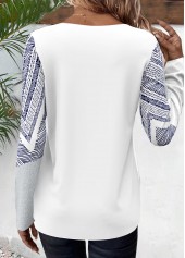 Geometric Print Patchwork White Long Sleeve T Shirt