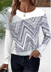 Geometric Print Patchwork White Long Sleeve T Shirt