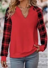 Plaid Split Red Long Sleeve Sweatshirt