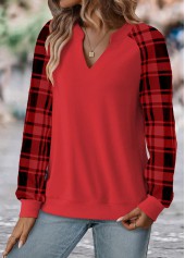 Plaid Split Red Long Sleeve Sweatshirt
