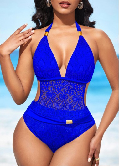 Royal Blue Halter Sheer Lace One Piece Swimwear Royal Blue Halter Sheer Lace One Piece Swimwear