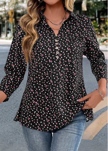 Ditsy Floral Print Button Black Long Sleeve Blouse Ditsy Floral Print Button Black Long Sleeve Blouse