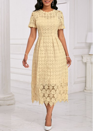 Embroidery Light Yellow Short Sleeve Round Neck Dress