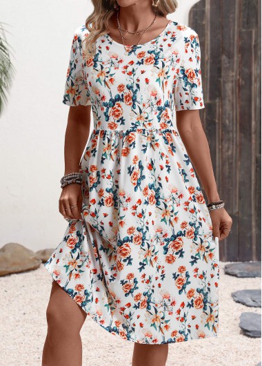 Floral Print Double Side Pockets White Short Sleeve Dress 29$