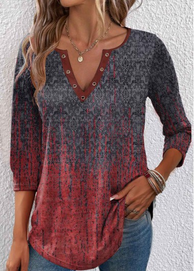 Ombre Eyelet Wine Red 3/4 Sleeve T Shirt