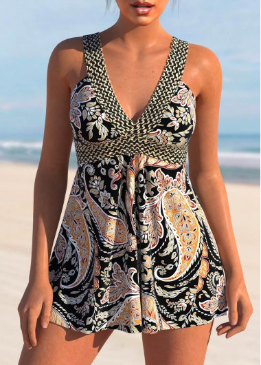 Paisley Print Patchwork Black Tankini Set Paisley Print Patchwork Black Tankini Set
