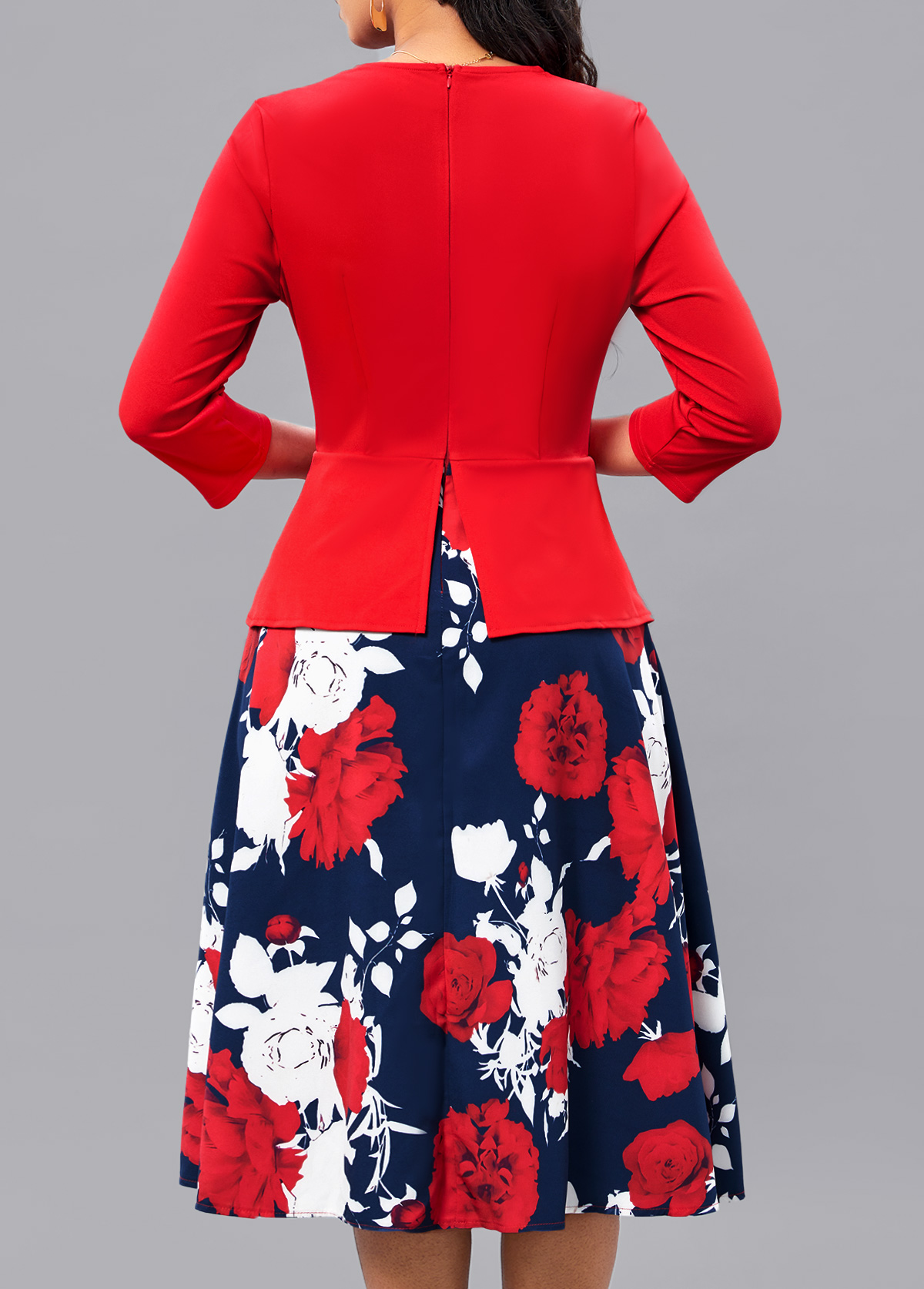 Floral Print Fake 2in1 Belted Red Square Neck Dress