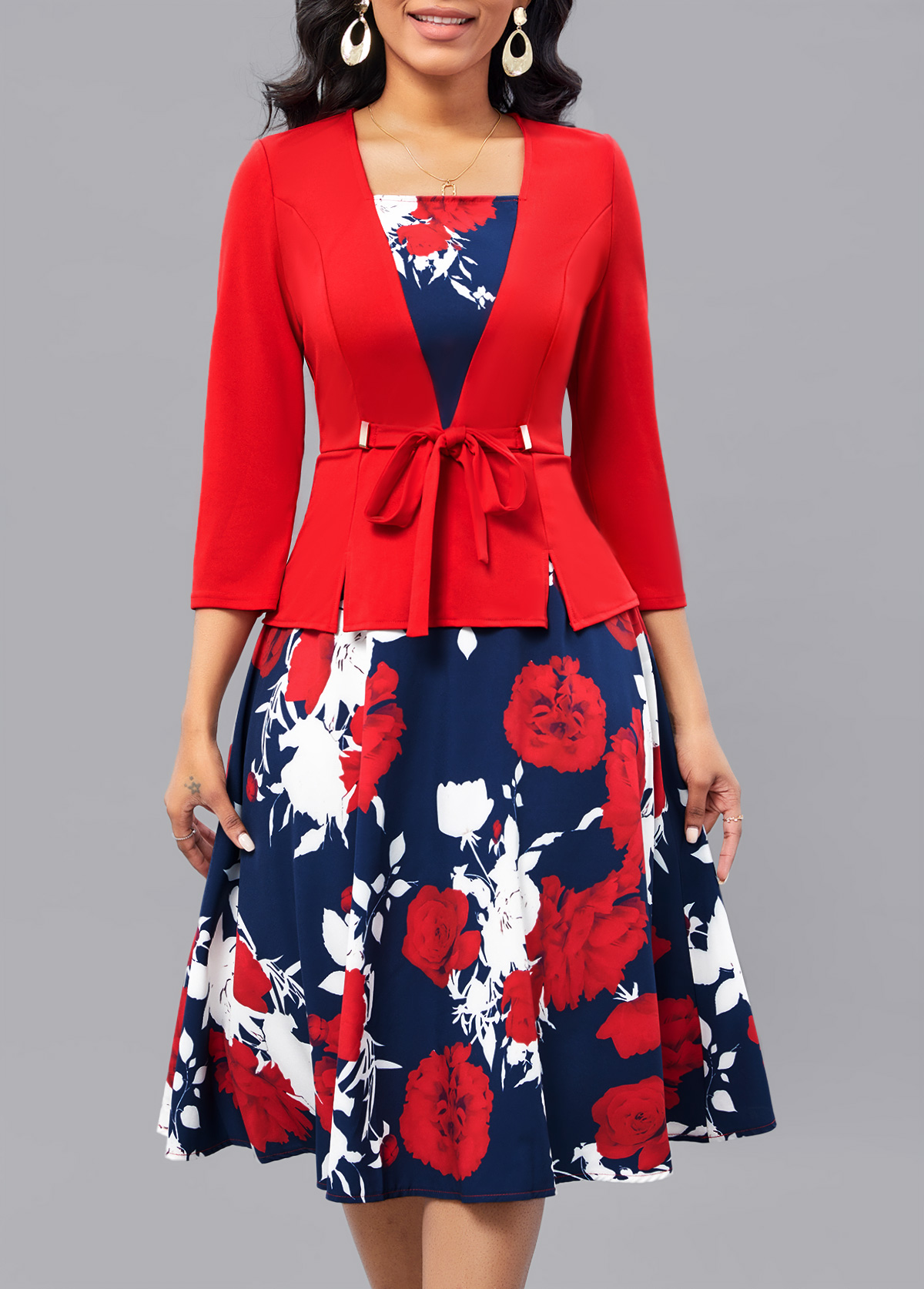 Floral Print Fake 2in1 Belted Red Square Neck Dress
