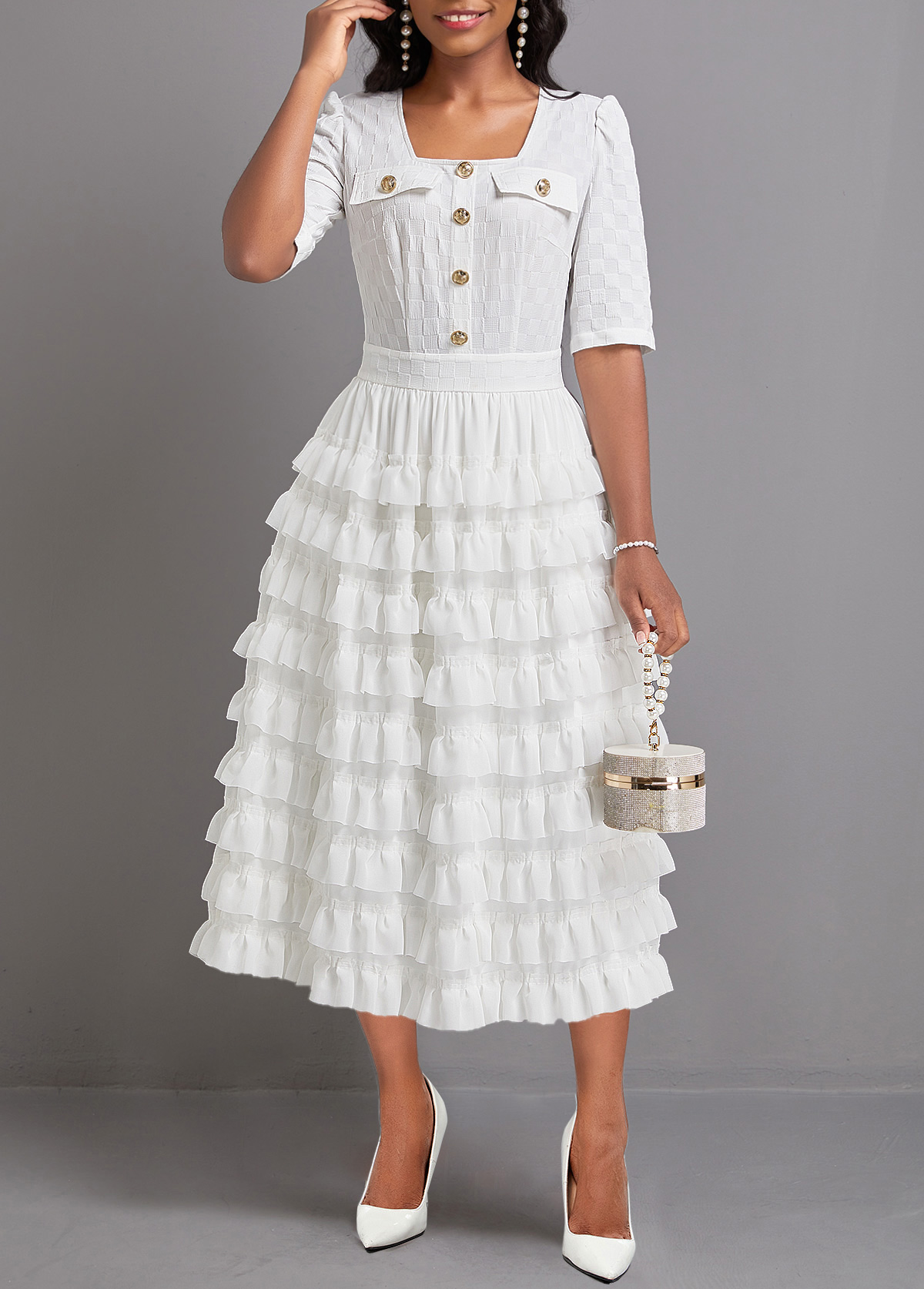 Lightweight White Half Sleeve Square Neck Maxi Dress