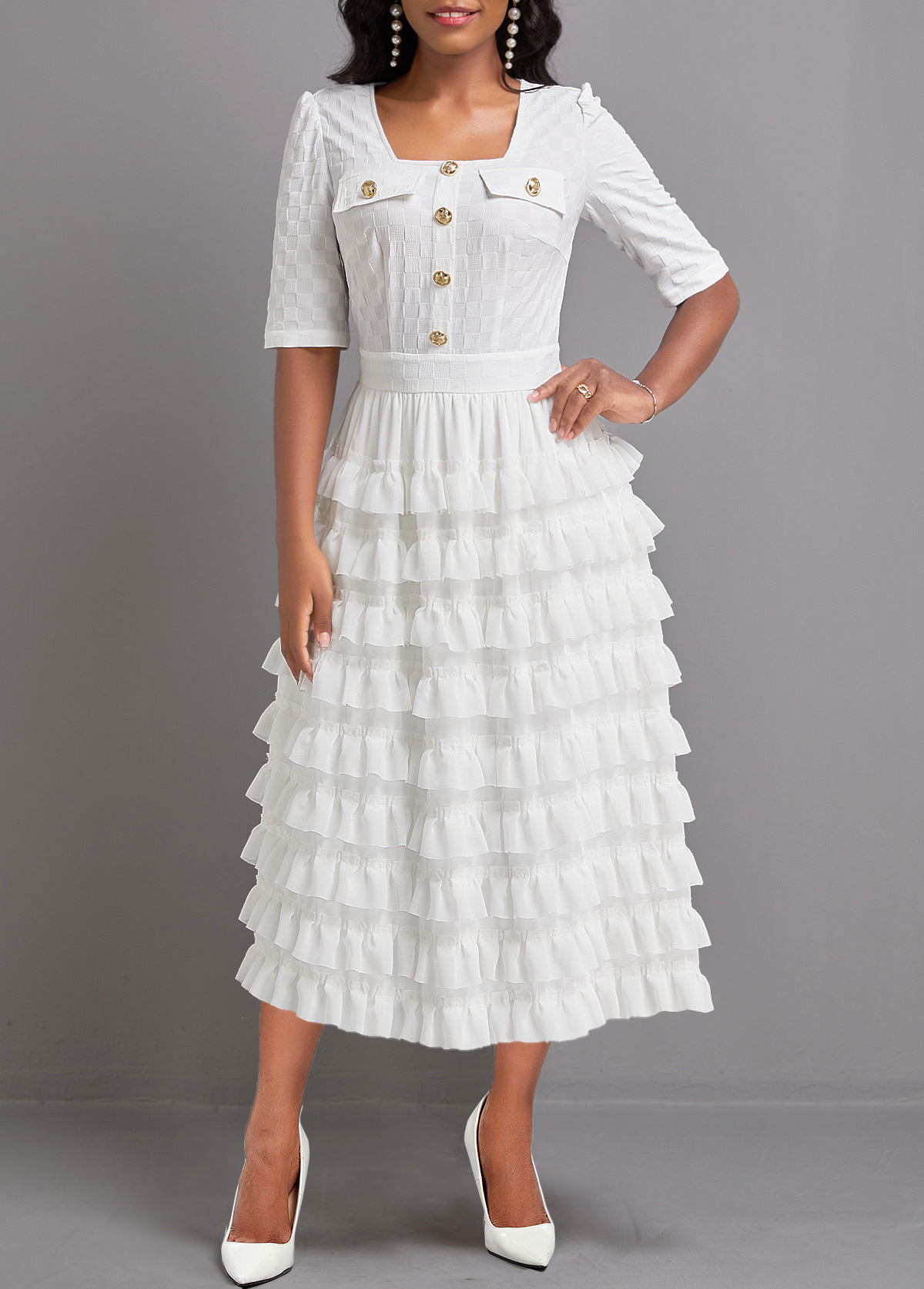 Lightweight White Half Sleeve Square Neck Maxi Dress