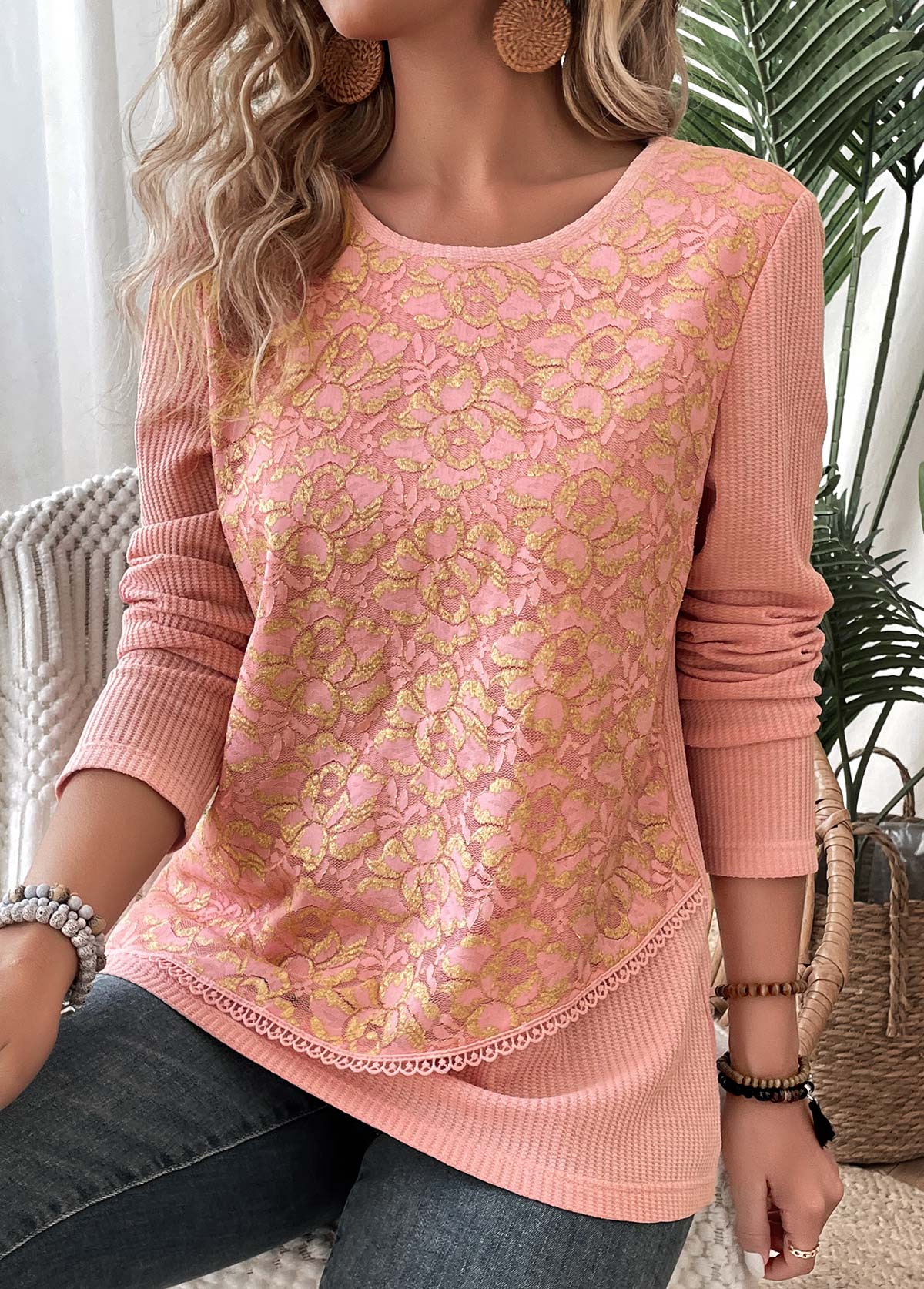 Layered Dusty Pink Long Sleeve Round Neck T Shirt