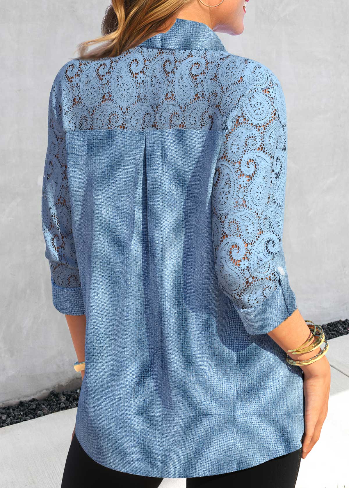Long Sleeve Patchwork Dusty Blue Turn Down Collar Blouse