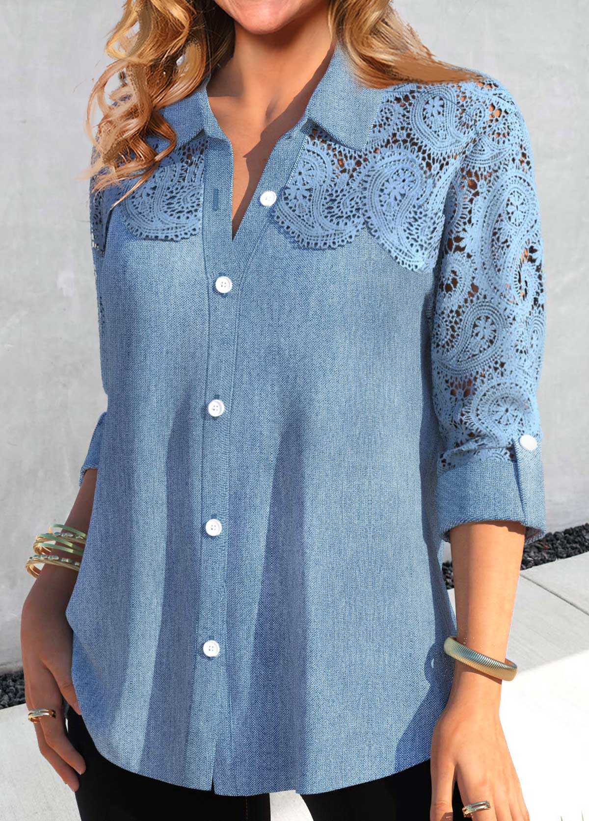Long Sleeve Patchwork Dusty Blue Turn Down Collar Blouse
