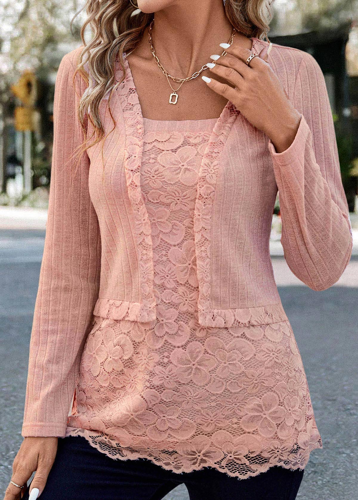 Lace Dusty Pink Long Sleeve Square Neck Blouse