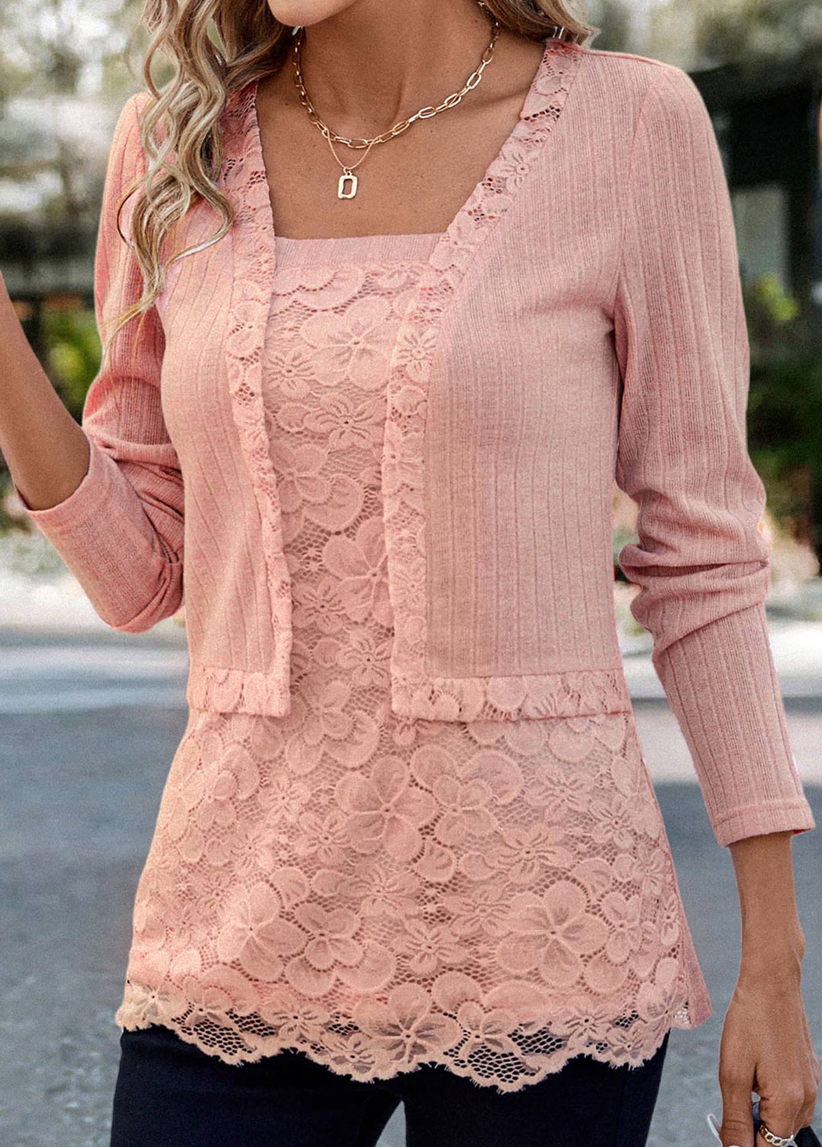 Lace Dusty Pink Long Sleeve Square Neck Blouse
