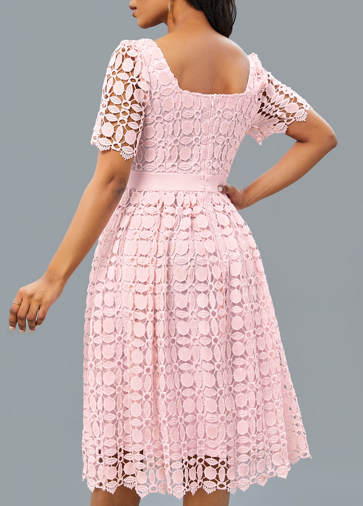 Patchwork Light Pink Short Sleeve Square Neck Dress