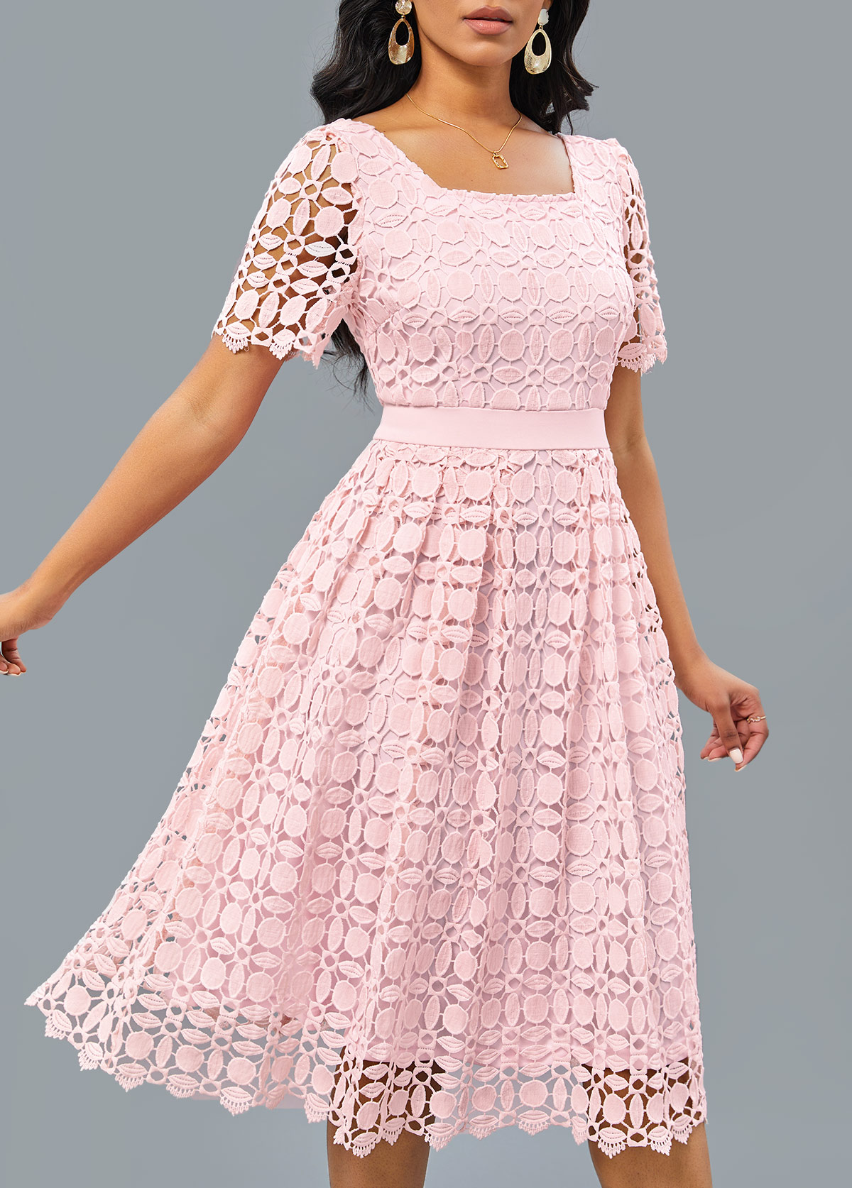 Patchwork Light Pink Short Sleeve Square Neck Dress
