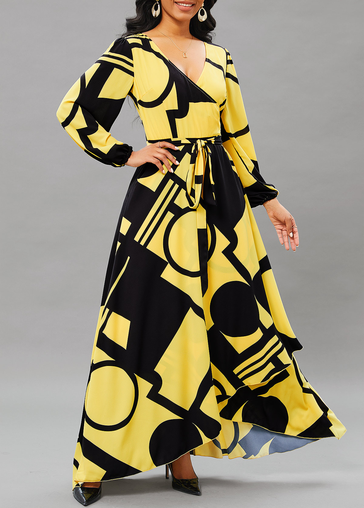 Geometric Print Cross Hem Light Yellow High Low Dress