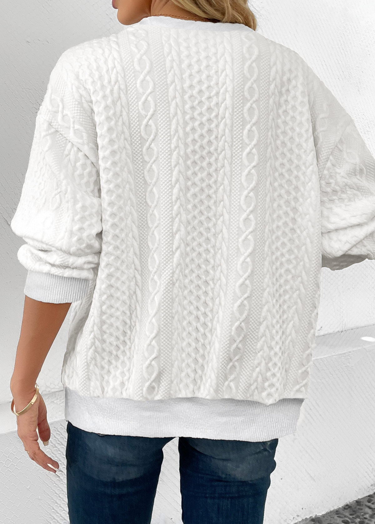 Patchwork White Long Sleeve Round Neck Sweatshirt