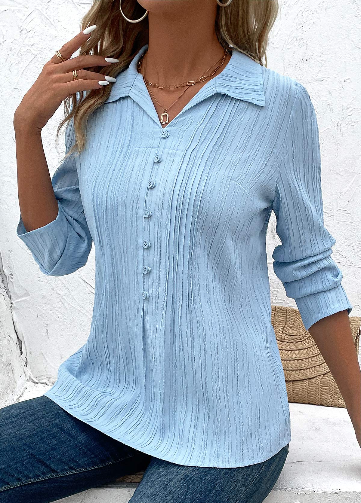 Button Light Blue 3/4 Sleeve Shirt Collar Blouse