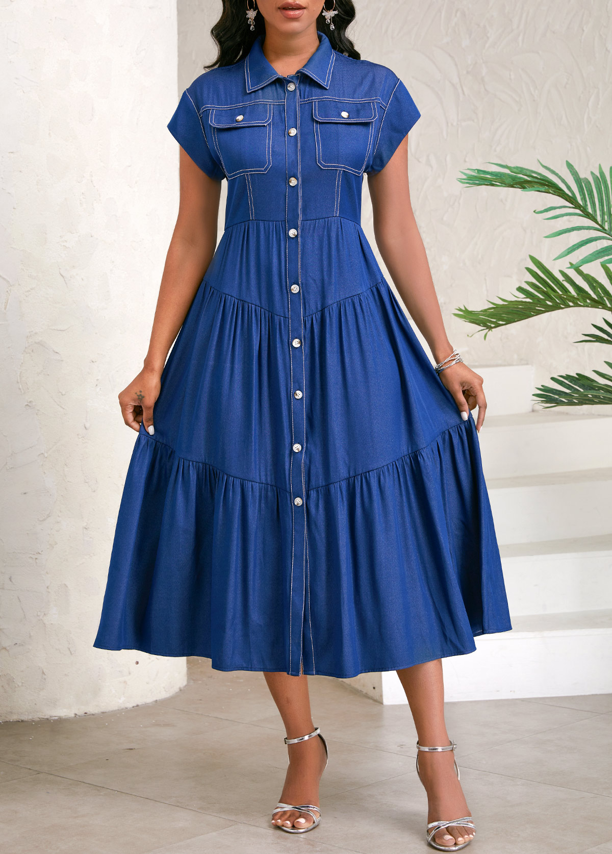 Ruched Denim Blue Short Sleeve Shirt Collar Dress