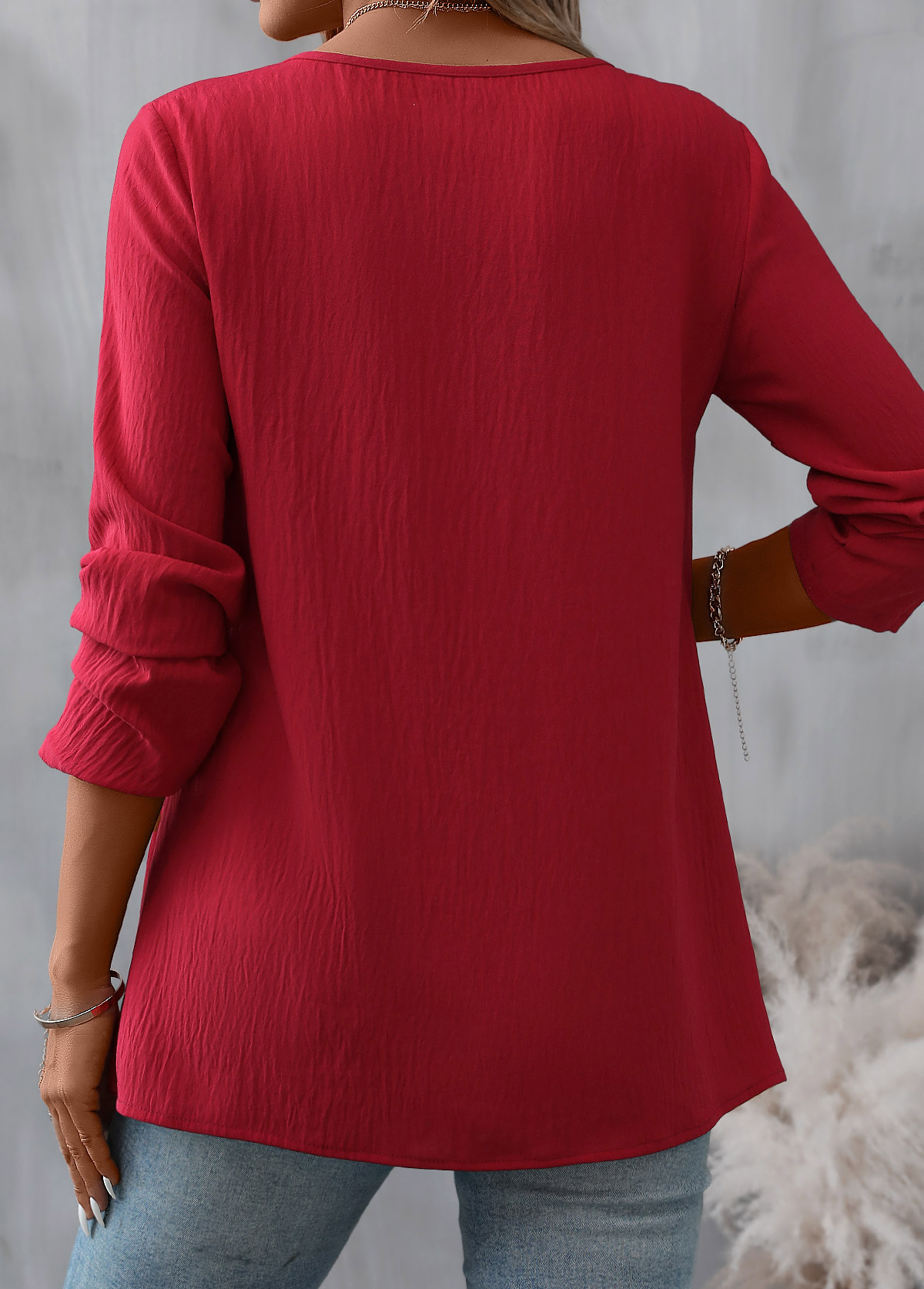 Patchwork Red Long Sleeve Round Neck Blouse
