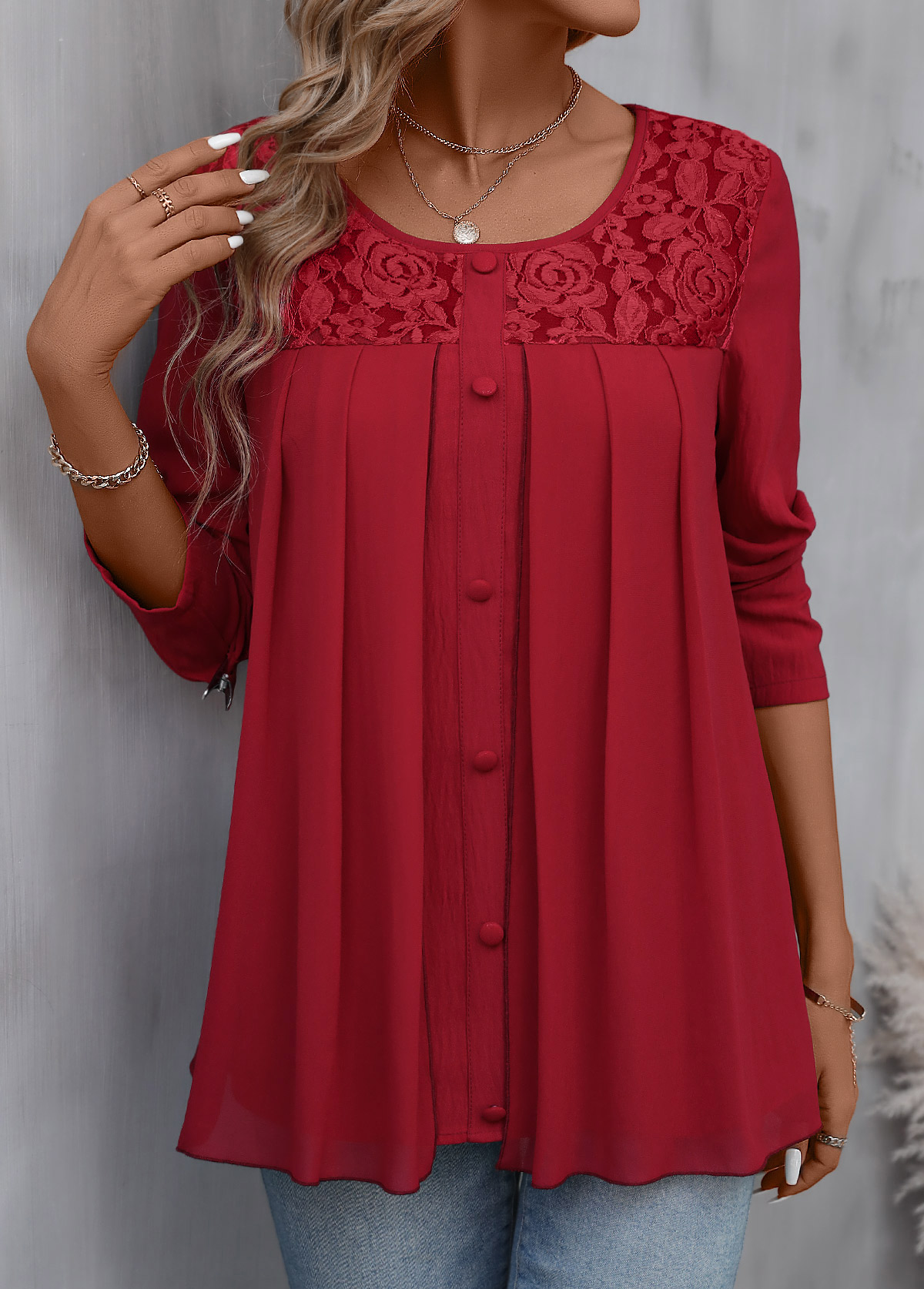 Patchwork Red Long Sleeve Round Neck Blouse