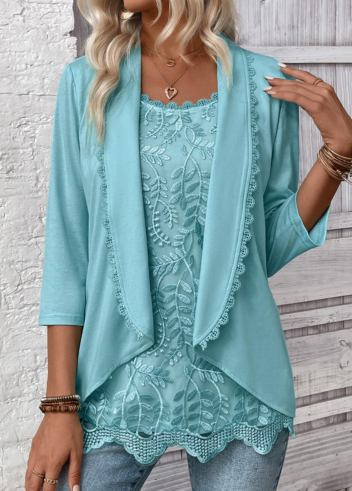 Lace Mint Green 3/4 Sleeve Square Neck T Shirt