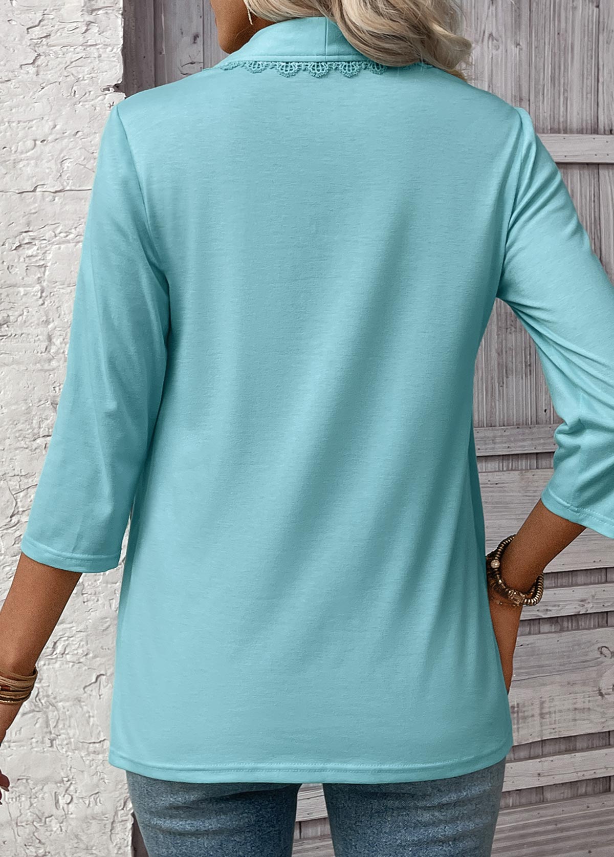 Lace Mint Green 3/4 Sleeve Square Neck T Shirt