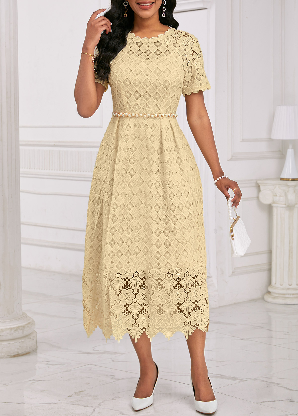 Embroidery Light Yellow Short Sleeve Round Neck Dress