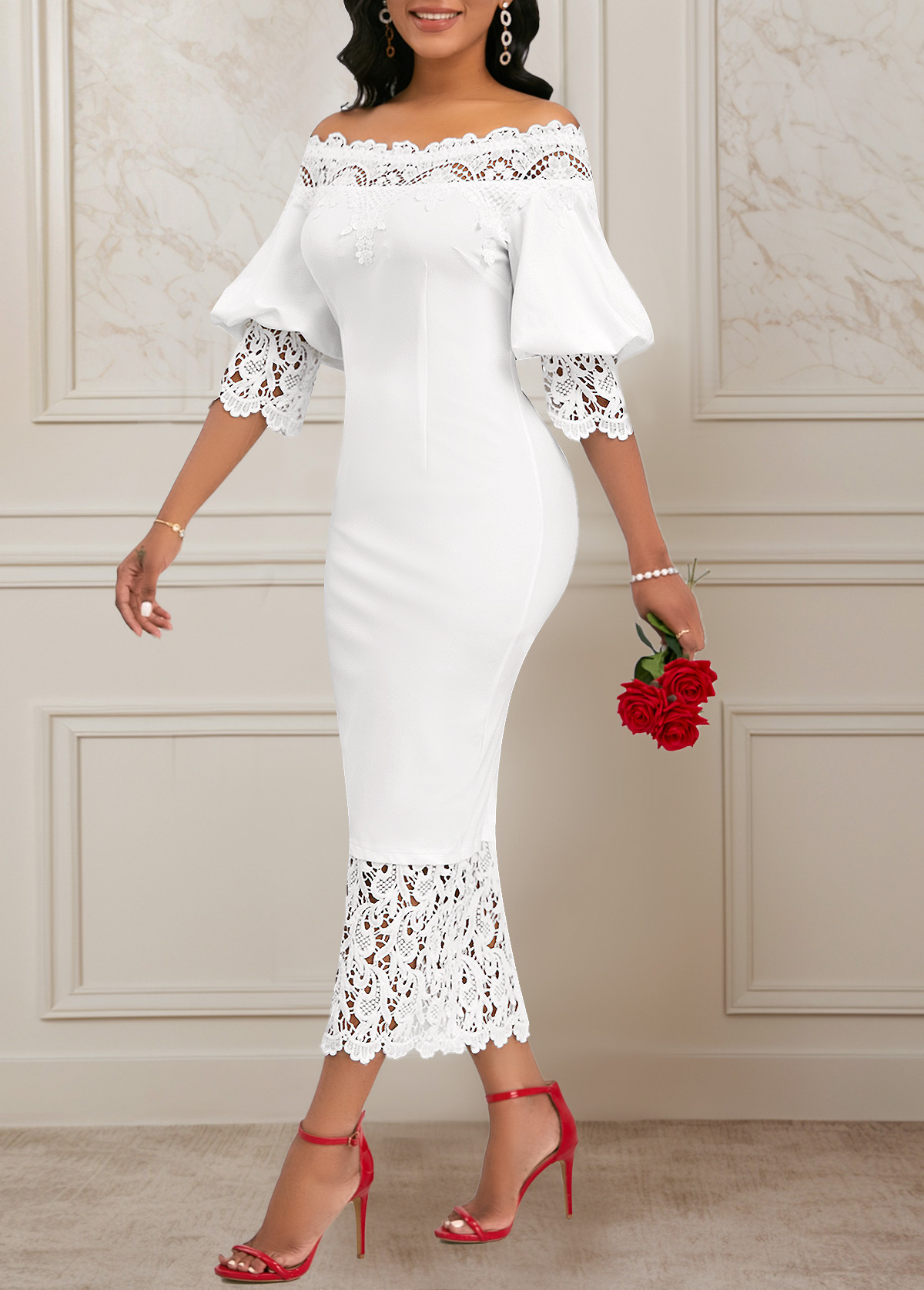 Lace Raw White 3/4 Sleeve Off Shoulder Bodycon Dress