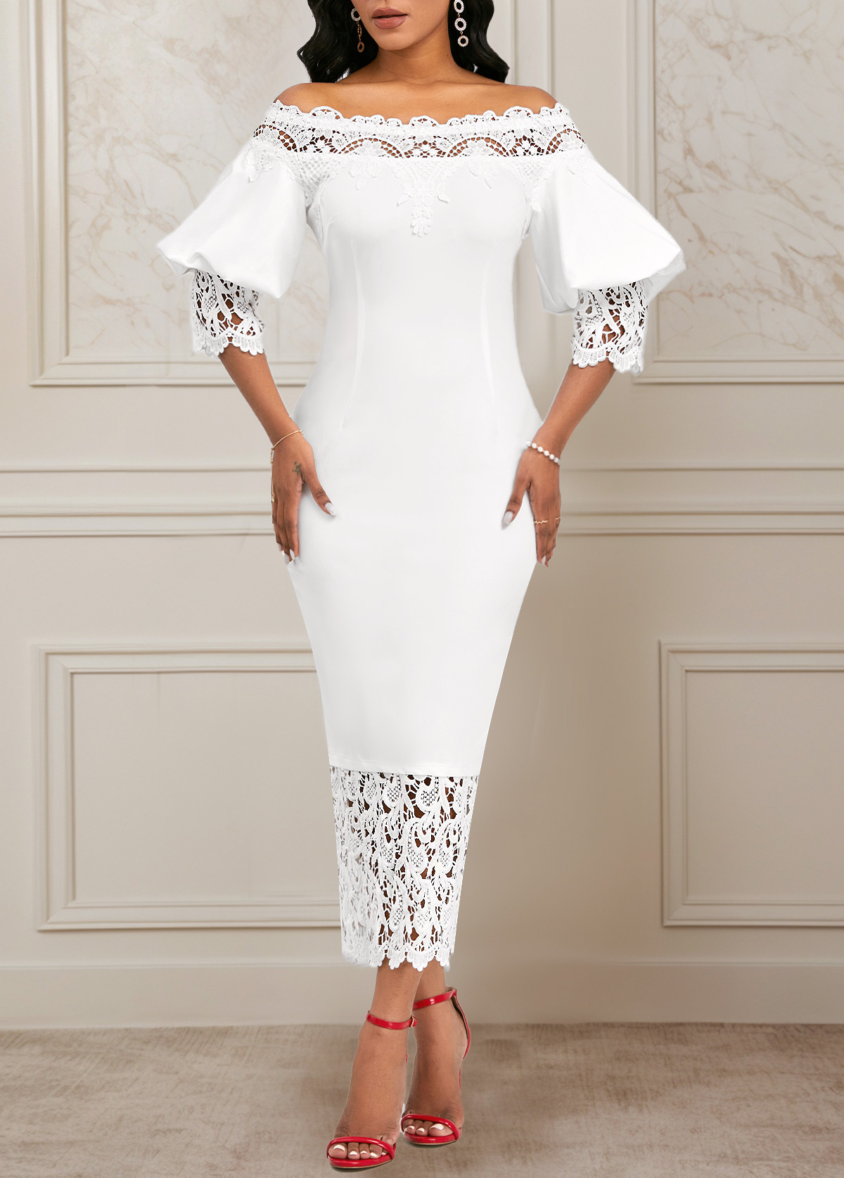 Lace Raw White 3/4 Sleeve Off Shoulder Bodycon Dress