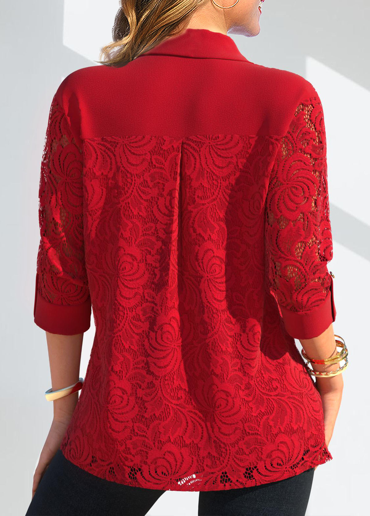 Lace Red Long Sleeve Shirt Collar Blouse