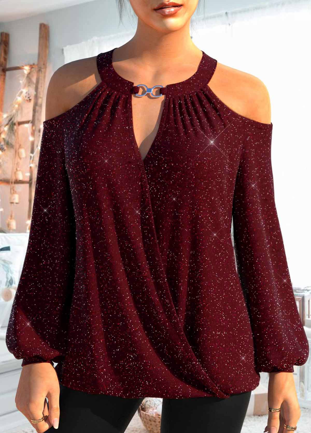 Cut Out Wine Red Long Sleeve T Shirt