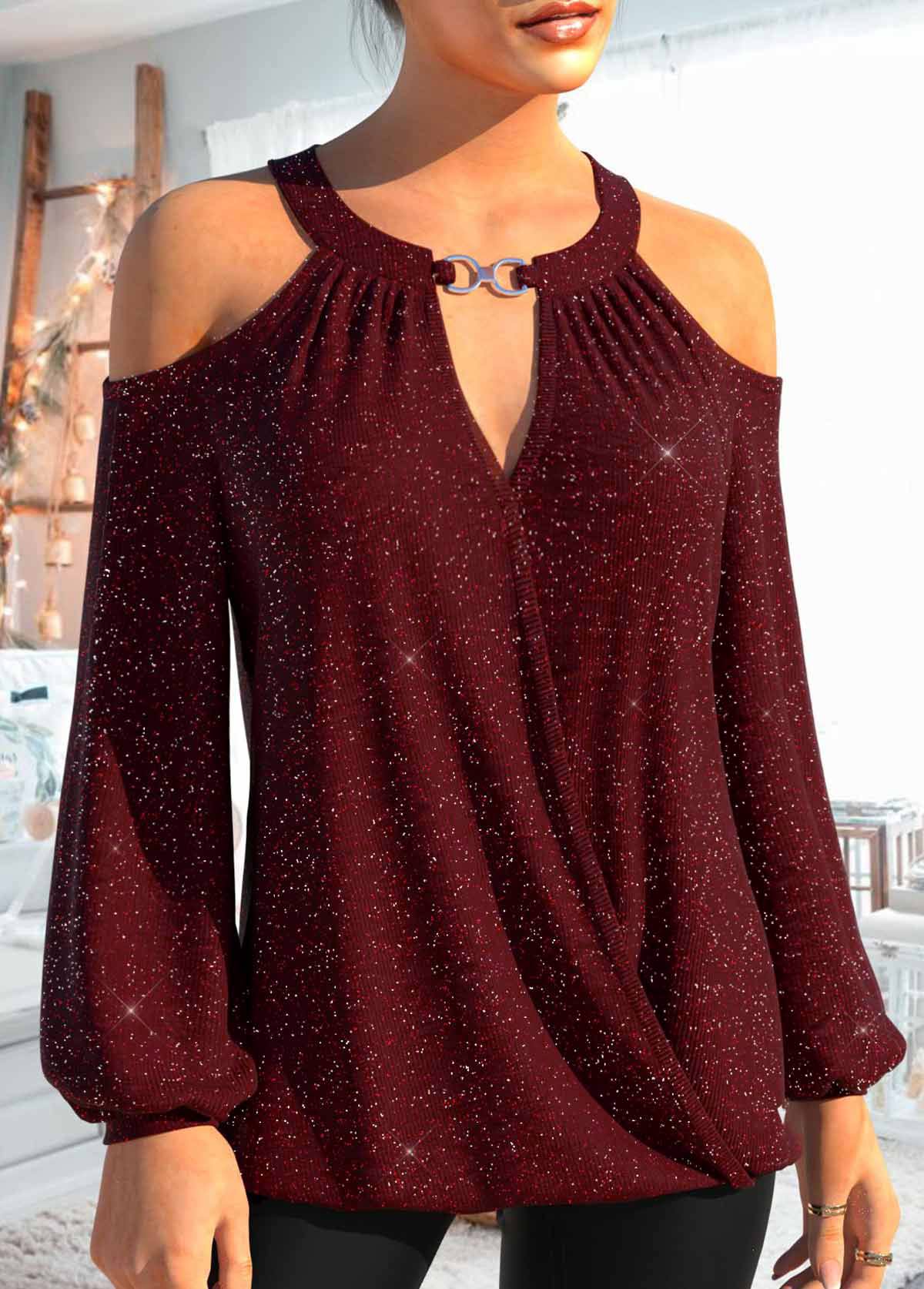 Cut Out Wine Red Long Sleeve T Shirt
