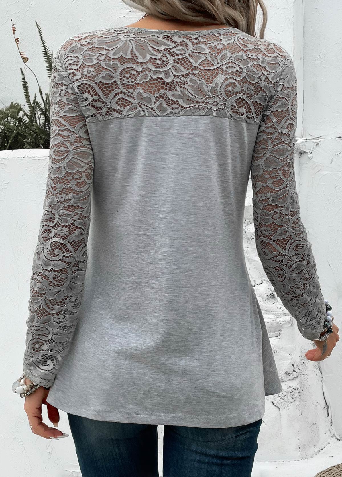 Patchwork Grey Long Sleeve V Neck T Shirt