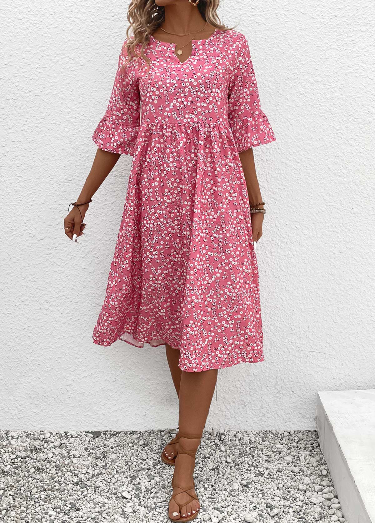 Ditsy Floral Print Ruched Pink 3/4 Sleeve Dress