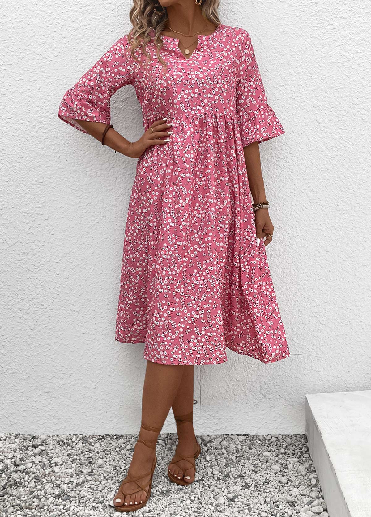 Ditsy Floral Print Ruched Pink 3/4 Sleeve Dress
