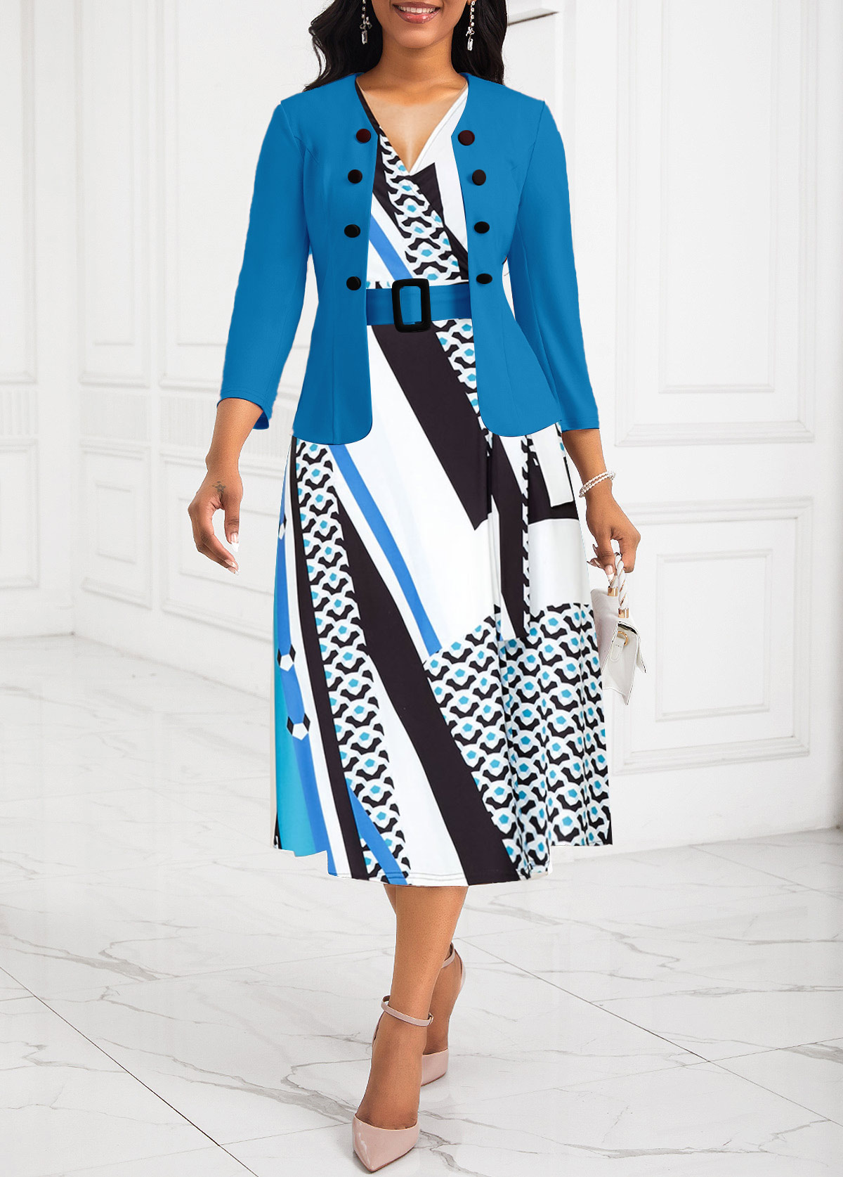 Women's Navy Blue Geometric Printed Dress