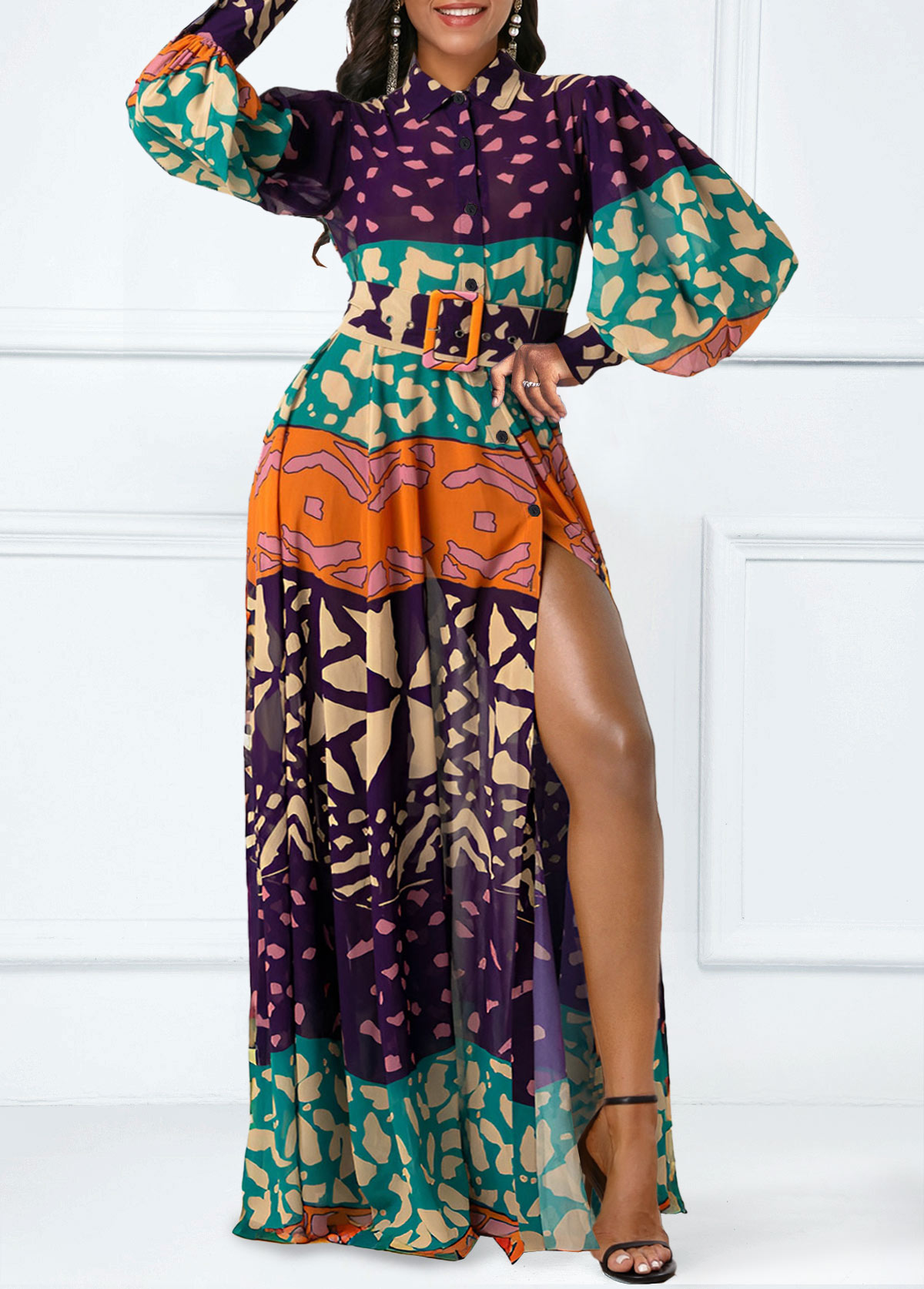 Tribal Print Split Belted Multi Color Maxi Dress