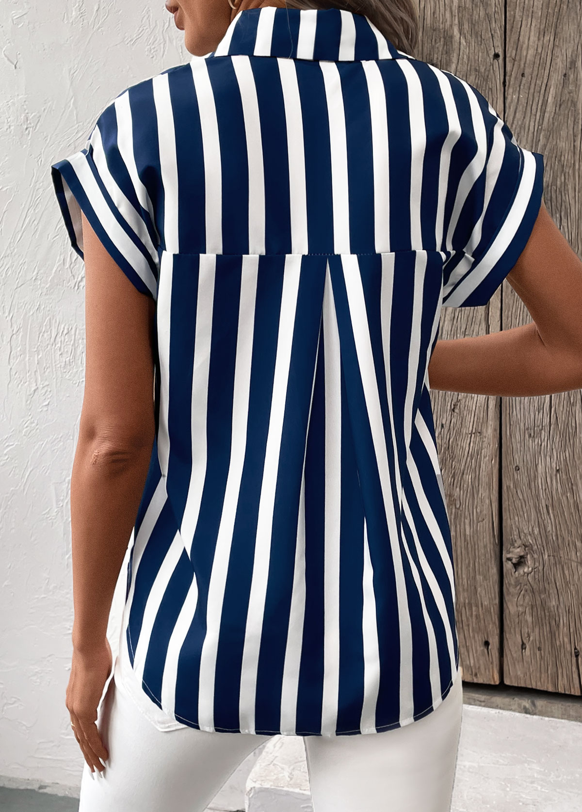 Striped Button Navy Short Sleeve Shirt Collar Blouse