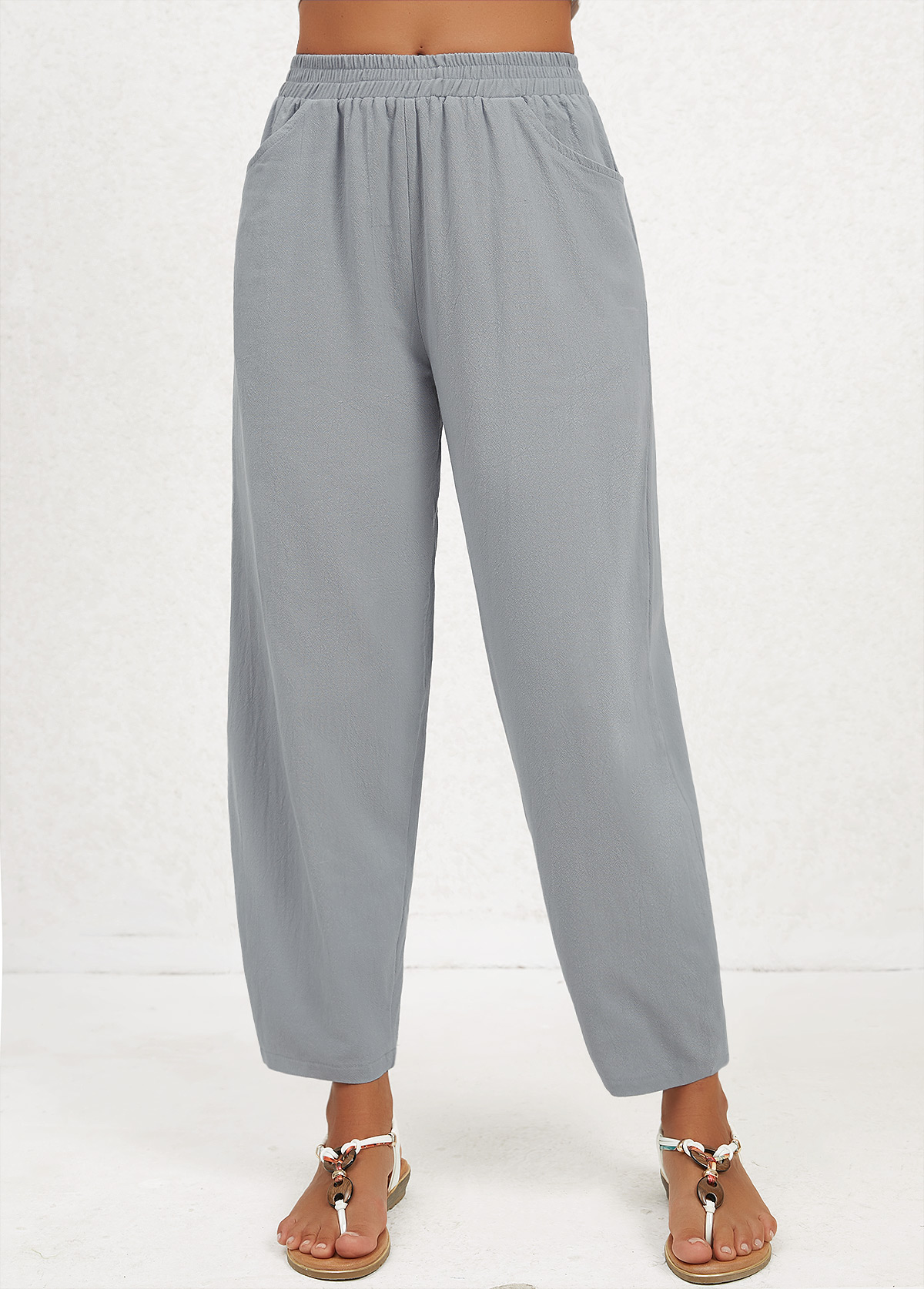 Pocket Grey Regular Elastic Waist High Waisted Pants