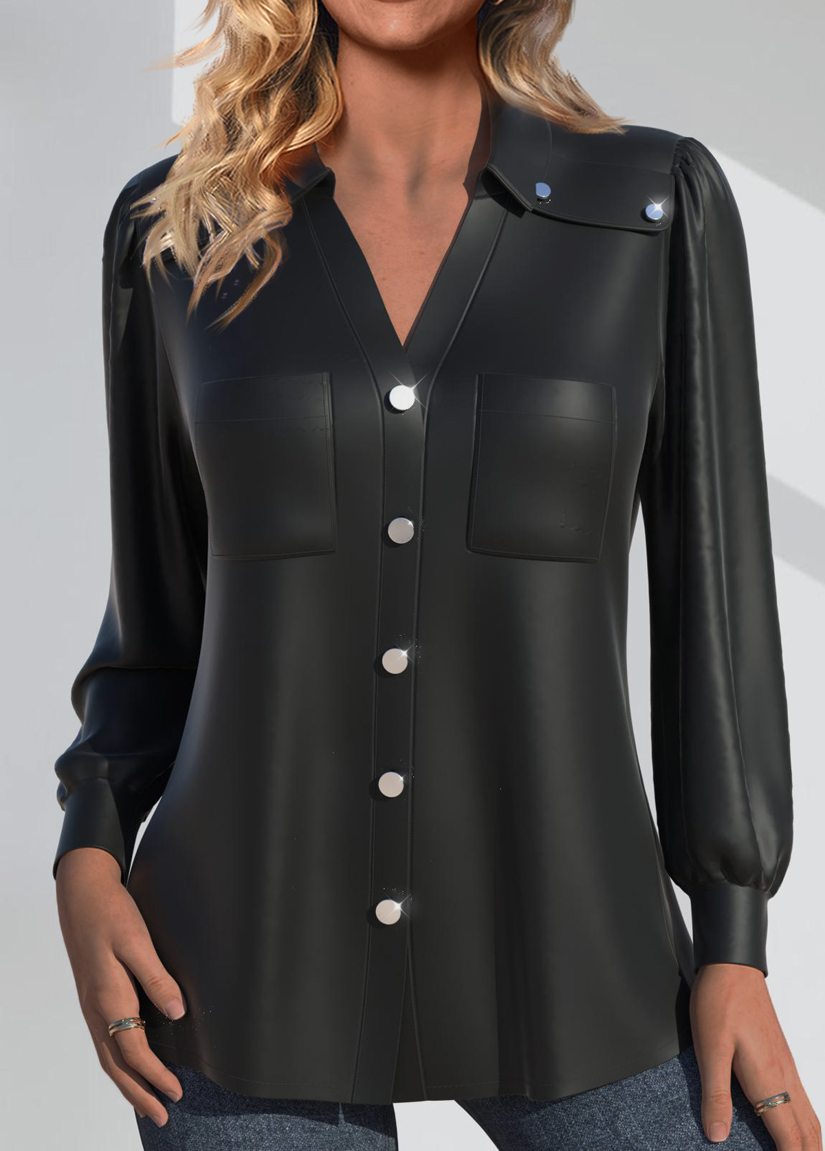Faux Leather Black Long Sleeve Shirt Collar Blouse