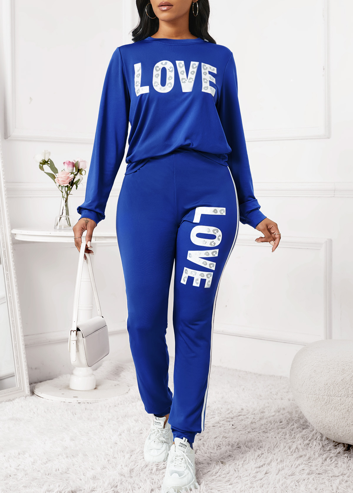 Letter Print Patchwork Royal Blue Skinny Top and Pants USD 37.98