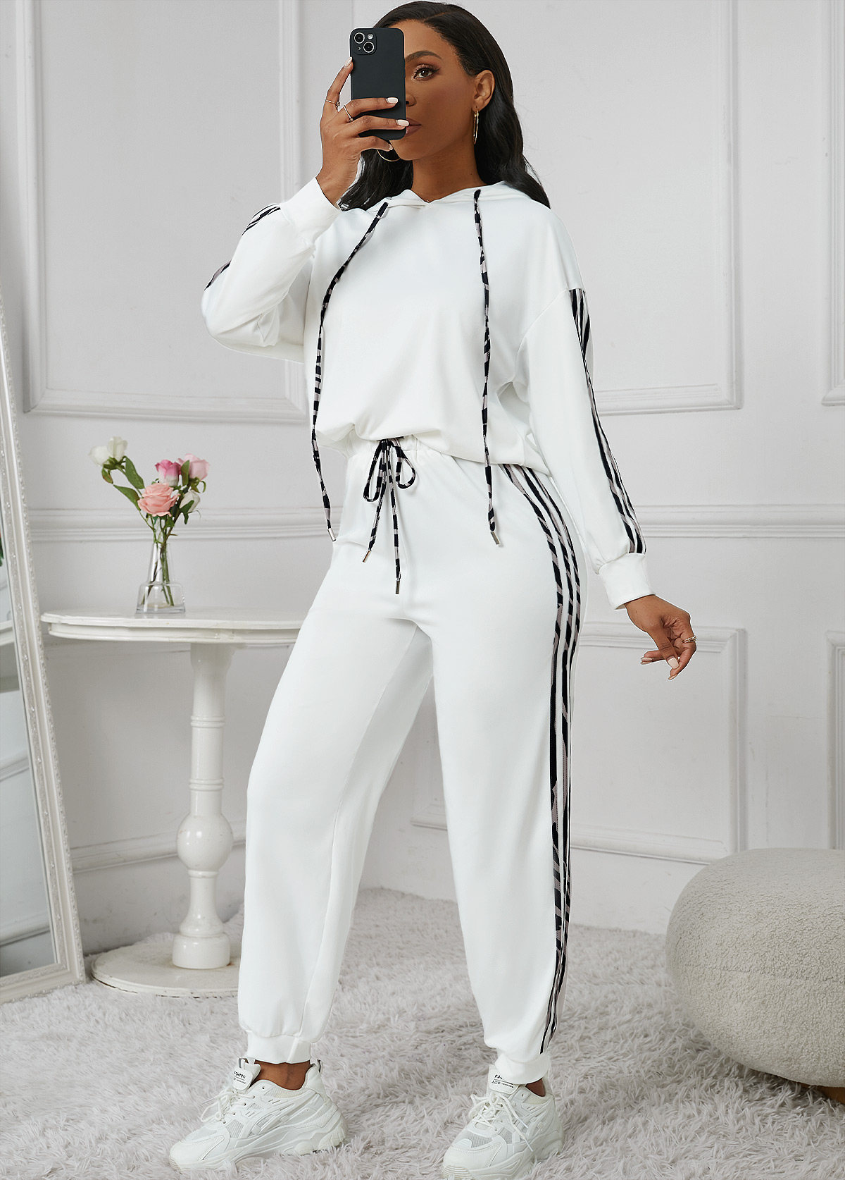 Patchwork White Ankle Length Hooded Jogger Top and Pants